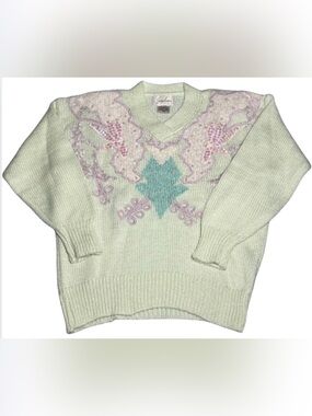 Vtg Jaclyn Smith M Embroidered V-Neck Knit Sweater Pearls Coquette White 1980s
